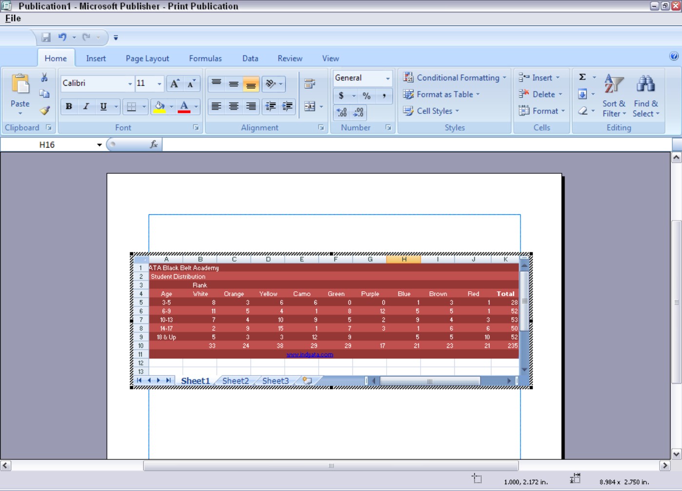 Figure 6-20: The Excel menu bar and toolbars show up inside Publisher.